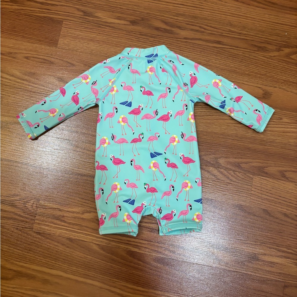 Janie and Jack Blue and Pink Rashguard with Flamingo Print Swim Bathing Suit